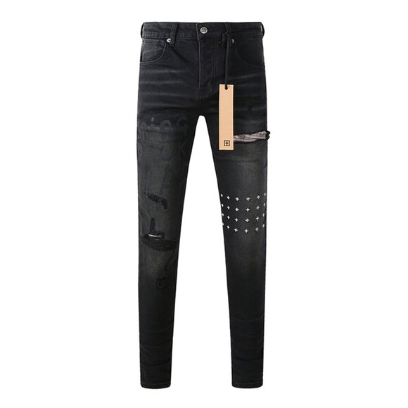 Ksubi Black Pattern Cross Embroidered Ripped Jeans